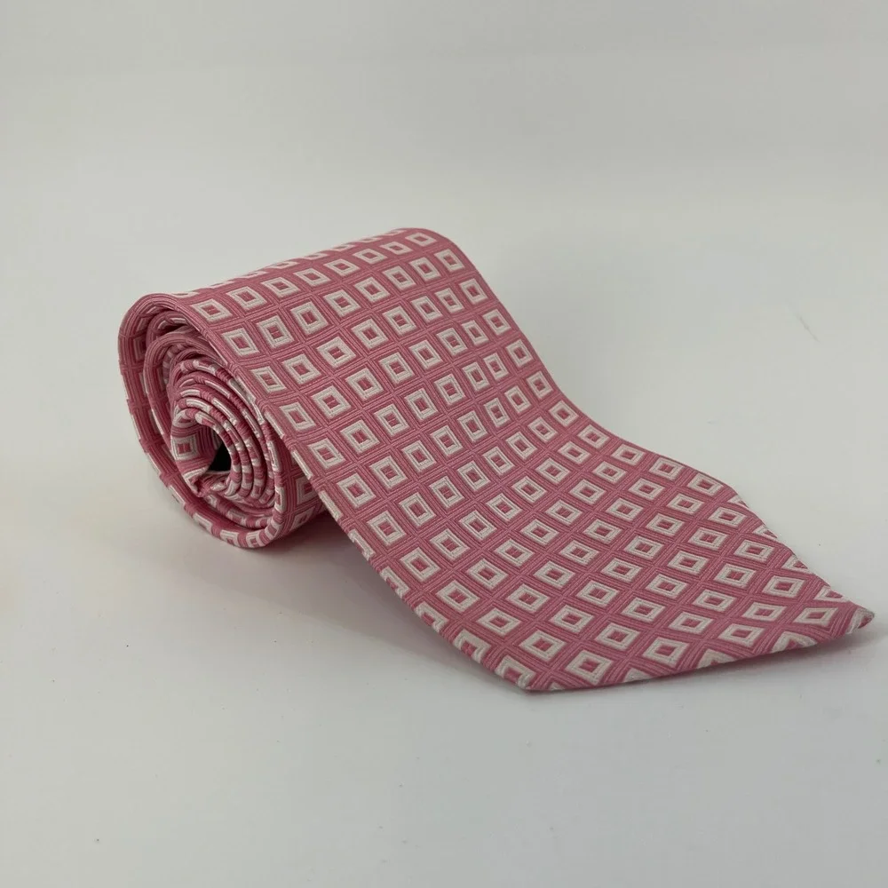 Brooks Brothers Makers Pink White Geometric Square Silk Tie Made in USA Italy